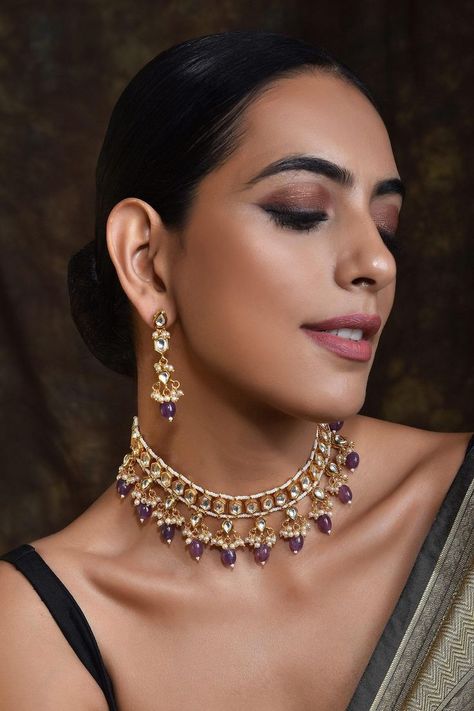 Buy #gold toned #choker with hexagon motifs encrusted with #kundans & purple #stone drops at #AzaFashions Shop online now at #Azafashions.com Call +12132135273 or email contactus@azafashions.com for enquiries. #wedding #festive #ethnic #tradional #shopping #shoponline #party #reception #jewellery #accessories Reception Jewellery, Purple Jewelry Set, Studded Choker, Purple Choker, Choker Jewellery, Gold Temple Jewellery, Kundan Jewellery Set, Choker Necklace Designs, Kundan Necklace Set