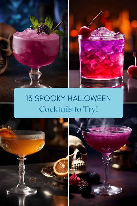 Get into the spirit with these 13 spellbinding Halloween cocktail recipes. From the Black Cat to Freddy Krueger, these spooky drinks are sure to cast a delightful spell on your taste buds! Halloween Whiskey, Easy Halloween Cocktails, Spooky Cocktails, Halloween Themed Drinks, Halloween Recipes Drinks, Halloween Cocktail Party, Purple People Eater, Halloween Bar, Purple People