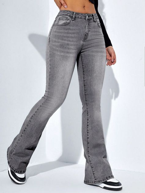 Grey  Collar  Denim Plain Flare Leg Embellished Medium Stretch  Women Clothing Grey Bootcut Jeans Outfit, Grey Flare Jeans Outfit, Flare Leg Jeans Outfit, Grey Flared Jeans, Grey Jeans Outfit, Flair Pants, Flare Jeans Outfit, Grey Denim Jeans, Flair Jeans