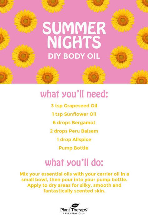 What’s one of the best parts of summer? The nights, of course! You can spend your time enjoying the quiet outdoors or the bustling city life. That’s why we created this Summer Nights Body Oil. It combines the light, moisturizing benefits of Grapeseed Oil and Sunflower Oil with the soft aromas of Bergamot and Peru Balsam. Plus, just a drop of Allspice adds a hint of exotic warmth to this summery blend. #bodyoil #bodycare #diy Sunflower Essential Oil Blend, Diy Body Oil Recipe, Diy Body Oil, Spa Crafts, Grapeseed Oil Benefits, Body Oil Recipe, Diy Perfumes, Body Oil Diy, Perfume Oil Recipes