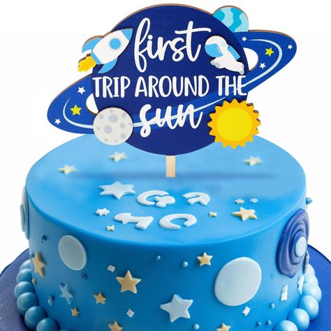 PRICES MAY VARY. OUTER SPACE PARTY DECORATION - Featuring a rocket, astronaut, sun, planet, and stars, this wooden topper is the perfect way to finish off a beautiful cake and brighten up your little astronaut's first birthday. Our space themed wood cake toppers will add a fun touch to your cake smash or first birthday party. SUITABLE SIZE - The cake topper's dimensions are roughly 5.9" high x 7.9" wide. Suitable size design, make your birthday cake even more special by adding this gorgeous wood Space First Birthday Cake Smash, First Trip Around The Sun Cake Topper, Space Themed Smash Cake, First Trip Around The Sun Smash Cake, First Trip Around The Sun Birthday Party Cake, Outer Space Birthday Cake, Outer Space Party Decorations, Sun Planet, Sun Cake