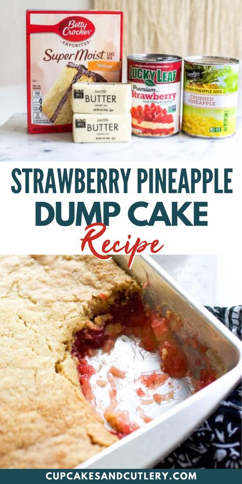 Try this Strawberry Pineapple Dump cake recipe . This Dump Cake recipe is so easy to make and perfect for any summer gathering. With strawberry pie filling, canned pineapple and boxed cake mix this is such an easy and quick recipe to make! Dump Cake Recipes Pineapple, Cake Recipes Pineapple, Pineapple Dump Cake Recipe, Strawberry Dump Cake, Recipes Pineapple, Pineapple Dump Cake, Dump Cake Recipe, Cake Mix Desserts, Snacks Under 100 Calories