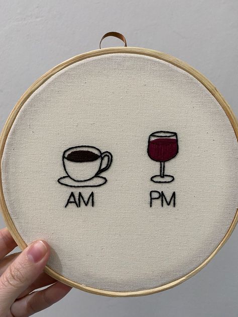 Wine Glass Embroidery, Drink Embroidery, Wine Embroidery, Embroidery Hoop Art Diy, Gold Work Embroidery, Clothes Embroidery Diy, Embroidery Tshirt, Hand Embroidery Projects, Punch Needle Embroidery