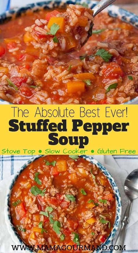 Food Slow Cooker, Pepper Soup, Stuffed Pepper, Stuffed Pepper Soup, Crock Pot Soup, Slow Cooker Soup, Peppers Recipes, Easy Soup Recipes, Easy Soups