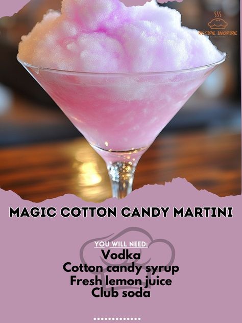 🍬🍸 Indulge in the whimsical flavors of the Magic Cotton Candy Martini! A sweet and fun drink that’s pure delight! Magic Cotton Candy Martini Ingredients: Vodka (2 oz) Cotton candy syrup (1 oz) Fresh lemon juice (0.5 oz) Club soda (to top) Cotton candy for garnish Instructions: In a shaker, combine vodka, cotton candy syrup, and lemon juice with ice. Shake well and strain into a martini glass. Top with club soda and garnish with a piece of cotton candy. 🍬🍸 The Magic Cotton Candy Martini ad... Cotton Candy Drinks Alcohol, Cotton Candy Martini, Candy Syrup, Cotton Candy Drinks, Cotton Candy Cocktail, Martini Ingredients, Candy Cocktails, Candy Drinks, Club Soda