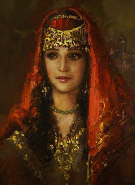 Remzi Taskiran art Halloween Imagem, John William Godward, Arabian Art, Arabic Art, Turkish Art, Turkish Beauty, Headdress, Classic Art, Female Art