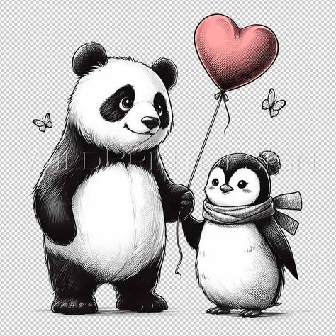 Panda Penguin Wallpaper, Penguin Sketch, Panda Bears Wallpaper, Love Panda, Panda Painting, Valentine Art, Panda Drawing, Cartoon Clouds, Penguin Love