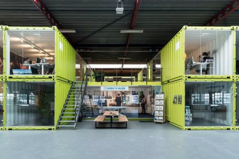 Co-Working Offices Are Built Out of Shipping Containers Inside Old Bakery Warehouse Office Design, Shipping Container Buildings, Shipping Container Office, Shipping Container Architecture, Shipping Container Design, Container Restaurant, Container Office, Warehouse Design, Shipping Container House Plans