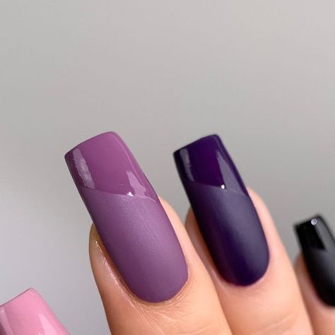 mooncat on Instagram: "matte skittle mani w glossy tips ✨ easy nail art using A DOLL'S HOUSE, FREUDIAN SLIP, QUEEN OF CHAOS, + EMO FOR LIFE #skittlemani #easynails #easynailart #purplenails #naildesign" Matte Purple Nail Designs, Purple Matte Nails, Matte Purple Nails, Skittle Mani, Freudian Slip, Purple Nail Designs, Matte Nails Design, Striped Nails, Manicure Ideas