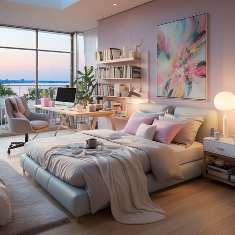 Pretty pastel colors in this teen bedroom!