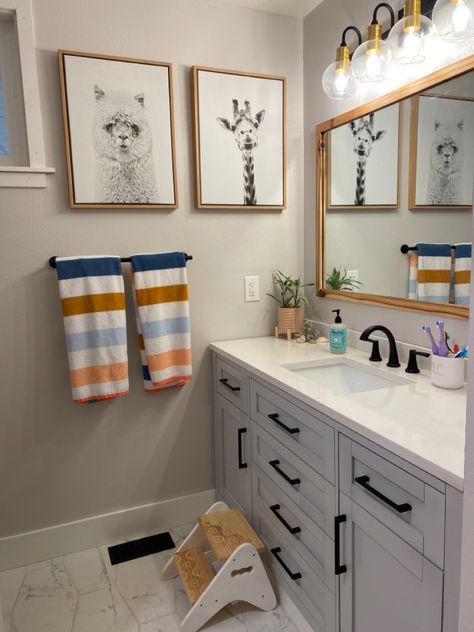 Transitional bathroom remodel, grey bathroom vanity, grey and white bathroom, kids bathroom, modern kids barhroom remodel Shared Family Bathroom, Aesthetic Kids Bathroom, Simple Kids Bathroom Ideas, Guest Bathroom/kids Bathroom, Fun Kid Bathroom, Children’s Bathroom Remodel, Kids Bathroom With Tub, Kids Gender Neutral Bathroom, Kid And Guest Bathroom