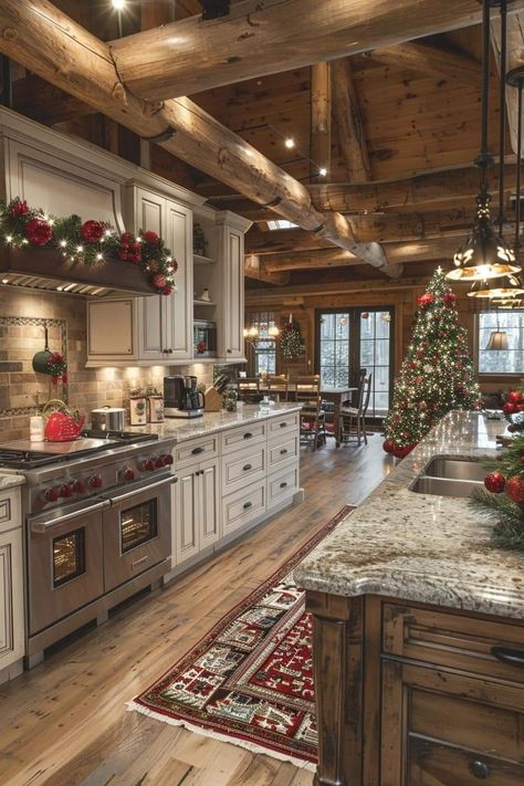 Barndominium Christmas, Winter Cabin Kitchen, Christmas House Interior, Log Cabin Kitchen, Barn House Interior, Barn Style House Plans, Dream Life House, Rustic Kitchen Design, Cabin Kitchens