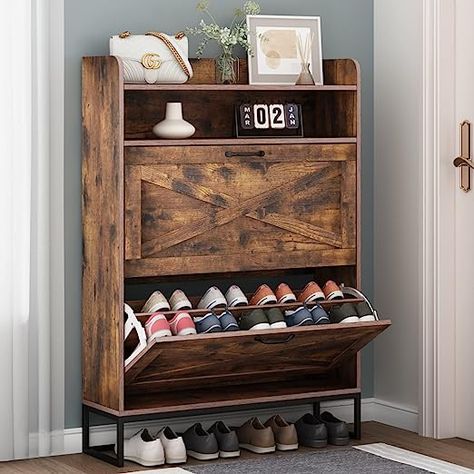 Auromie Shoe Cabinet features two flip drawers and each with two layers. The compartment in the middle of each drawer can be adjusted or removed to fit different shoe types. The spacious top surface and open storage space are ideal for photo frames, keys, wallets, and other small items, making these necessary items for going out within reach. Auromie shoe cabinet can store more than 16 pairs of shoes. Slim Shoe Rack, Shoe Storage Door, Slim Shoe Cabinet, Narrow Shoe Rack, Storage Cubby, Shoe Rack Entryway, Rustic Entryway, Shoe Storage Solutions, Shoe Storage Rack