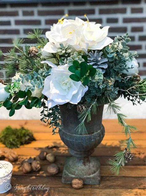 DIY winter floral arrangement for the garden table - Songbird Mantel Decor Everyday, Faux Flower Arrangements Diy, January Decorating Ideas, Winter Wreaths For Front Door, Faux Concrete Wall, Faux Painting Walls, Fake Flowers Decor, Home In Winter, Chicken Wire Crafts