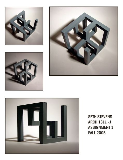 The Assignment was to make a cube that was 9x9'' in dimension.. this is what I came up with It has a diagonal symmetrial axis and the sides consist of 4 "E" shapes and 2 "F" shapes. and each of the... Abstract Architecture Model, Cubes Architecture, Concept Models Architecture, Conceptual Architecture, Geometric Sculpture, Arch Model, Concept Diagram, Architecture Model Making, Cube Design