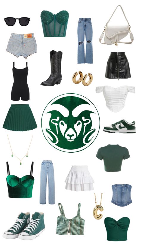 Mix and match outfit ideas for CSU. Dark green, white, black, and denim color scheme. Game Day Outfit College, College Game Day, Outfit College, Day Outfit Ideas, College Games, College Game Days, Match Game, Colorado State University, Game Day Outfit