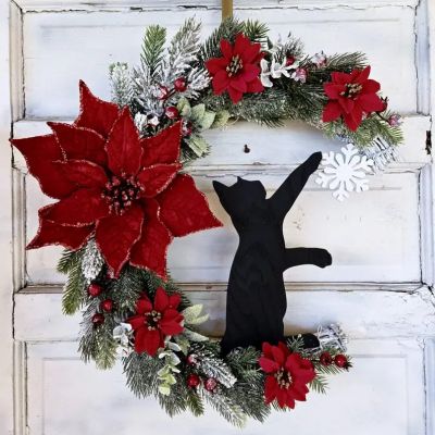 Black Cat Wreath, Hanger Snowflake, Cat Wreath, Moon Wreath, Sitting On The Moon, Christmas Door Decorating Contest, Christmas Kitty, Door Decorating Contest, Front Door Hanger