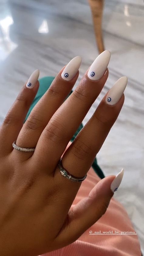 Evil Eye White Nails, White Nails With Evil Eye, White Evil Eye Nails, Greek Eye Nails, Turkish Eye Nails, Evil Eye Manicure, Ombre French Nails, White Almond Nails, White French Nails