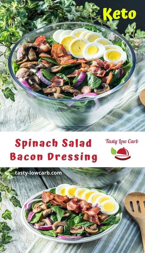 Spinach Salad Recipes Bacon, Spinach Salad Dressing, Warm Bacon Dressing, Keto Spinach, Green Beans With Almonds, Hot Bacon Dressing, Keto Salads, Bacon Dressing, Keto Bacon