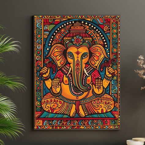 Ganpati Drawing For Competition, Hindu God Mandala Art, Ganpati Paintings Creative, Ganesh Art Paintings Acrylics, God Painting Canvas, God Painting Indian, Ganeshji Painting, Madhubani Ganesha, Indian God Painting