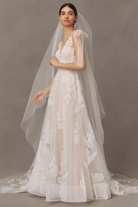 Romantic Wedding & Bridal Dresses | Anthropologie Wedding Dress Over 40, Older Bride Wedding Dress, Willowby By Watters, Wtoo By Watters, Floral Wedding Gown, Floral Veil, By Watters, Anthropologie Wedding, Floral Gown