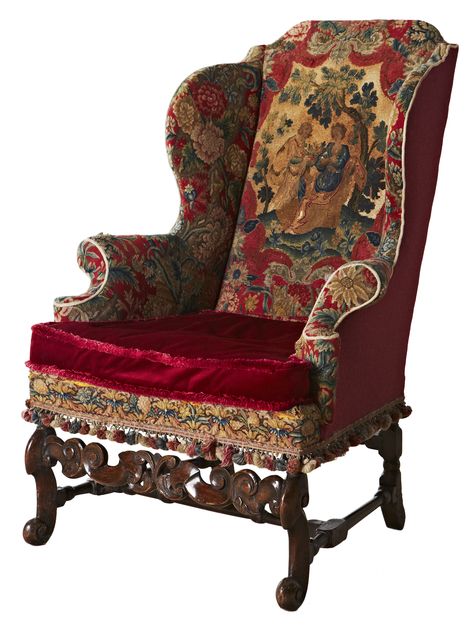 A James II Walnut wing armchair with carved front rail, S-scroll front legs and turned H-stretcher and 18th century tapestry back. England. C.1685, Wakelin and Linfield. Courtesy Olympia International Art & Antiques Fair. Wing Armchair, Reupholstered Victorian Chair, Sofa Aesthetic, Gothic Arm Chair, Medival Sofa, Rococo Armchair, Baroque Armchair, Euro Trash, Wing Chairs