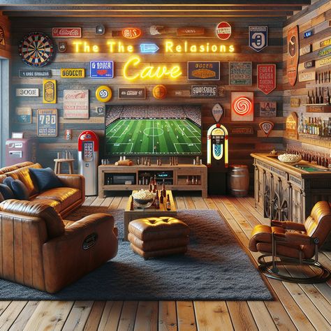 This ultimate man cave boasts reclaimed wood panels, neon signs, a rustic bar, and sports memorabilia. It's equipped with a soda dispenser, popcorn machine, beer fridge, flat-screen TV, gaming setup, and vintage game arcade. #ManCave #HomeBar #GameRoom #SportsMemorabilia #VintageArcade #RusticDesign Cabin Gameroom, Man Cave Small Room, Home Sports Bar Ideas, Tv Gaming Setup, Man Cave Tv Wall, Sardinia House, Soda Dispenser, Beer Room, Bar Lounge Room