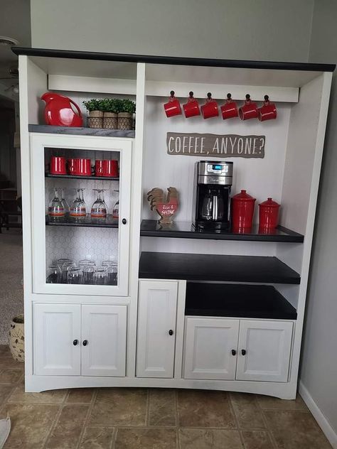 Repurposed Entertainment Center Ideas Farmhouse, Entertainment Center To Coffee Bar, Entertainment Center Flip, Remodeled Furniture, Repurposed Entertainment Center, Chunky Furniture, Coffee Bay, Entertainment Center Ideas, Tv Cupboard