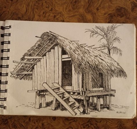 Narra Tree Philippines Drawing, Bahay Kubo Drawing Easy, Bahay Kubo Drawing, Hut Sketch, Hut Drawing, Philippine Architecture, Filipino Architecture, Beach Sketches, Fruit Art Drawings