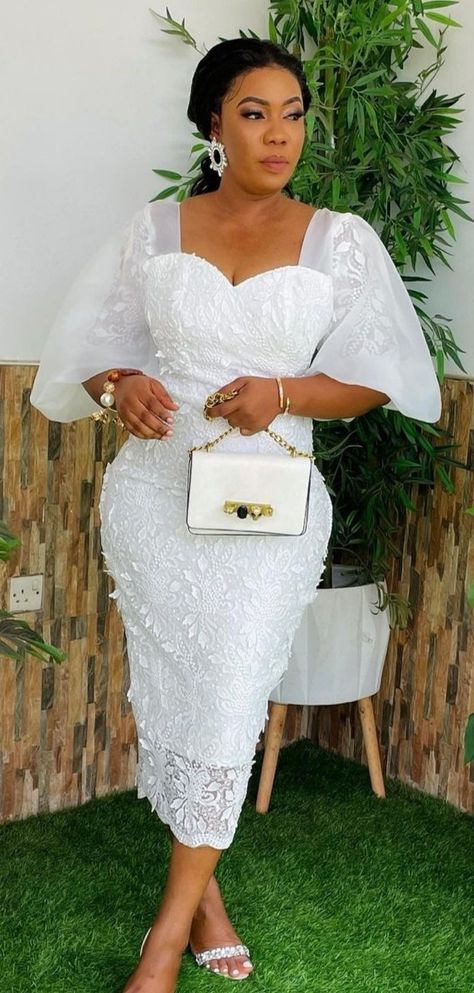 Lace Dress Styles For Wedding Guest In Ghana, Lace Styles For Wedding Guest In Ghana, Short White Lace Gown, Ghanaian Lace Styles, White Lace Gown Styles, Short Lace Gown Styles Nigerian, Lace Engagement Dress, White Short Sleeve Lace Dress, Lace Dress Styles Ghana