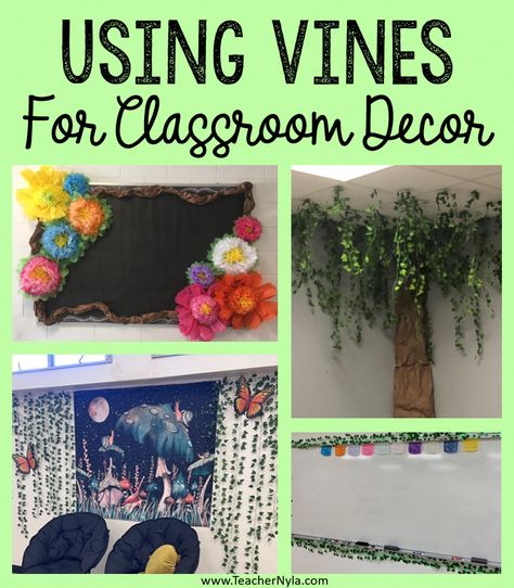 Vines add a touch of nature and can be used creatively to enhance the classroom learning environment. Vines In Classroom, Decorate A Classroom, Decorating A Classroom, Classroom Ceiling, Classroom Window, Library Center, Teaching Third Grade, Faux Leaf, Hanging Vines