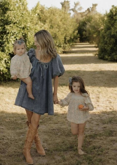 Denim Jumpsuit Family Photos, Coordinated Outfits For Family Photos, Neutral Fall Outfits For Family Pictures, All Denim Family Pictures, Orchard Family Photoshoot, Cottage Core Family Photos, Southern Family Photos, Cottage Core Family Pictures, Mommy And Me Thanksgiving Outfit