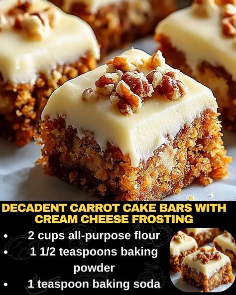 Decadent Carrot Cake Bars with Cream Cheese Frosting Decadent Carrot Cake Bars With Cream Cheese Frosting, Decadent Carrot Cake Bars, Carrot Cake Blondies Recipe, Carrot Bars With Cream Cheese Frosting, Carrot Cake Bars With Cream Cheese, Carrot Cake Cookies With Cream Cheese, Carrot Dessert Recipes, Carrot Recipes Dessert, Carrot Desserts