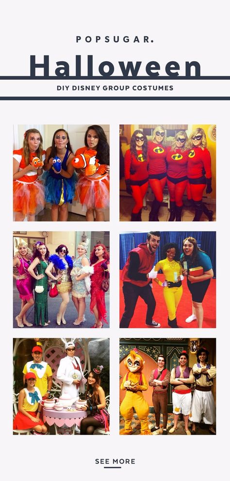 DIY Disney Group Costumes Pixar Halloween Costumes, Disney Group Costumes, Disney Characters Dress Up, Disney Dance, Adult Disney Costumes, Disney Costumes Diy, Disney Characters Costumes, Theme Nights, Character Dress Up