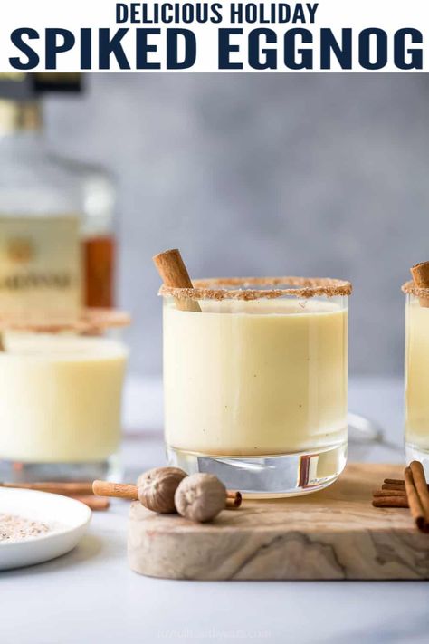 This creamy spiked eggnog is infused with amaretto and rum just screams Christmas. Serve it with a nutmeg coated rim for an extra special sip! It's a stir-and-serve drink everyone will love. #holidaycocktail #cocktailrecipe #holidaydrink #partycocktails #pitchercocktail #eggnog #spikedeggnog Cooked Eggnog Recipe, Cooked Eggnog, Cooked Egg Nog, Eggnog Recipe Homemade, Spiked Eggnog, Homemade Eggnog, Green Juice Recipes, Holiday Drink, Eggnog Recipe