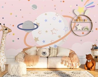 Decade Wallpaper, Planets Nursery, Planet Nursery, Space And Planets, Moon And Stars Wallpaper, Stick Wall Art, Nursery Wall Murals, Stars Wallpaper, Space Nursery