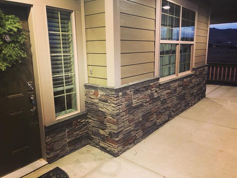 Terence used our Kenai Stacked Stone panels for his exterior remodel project. He covered his front door area then surrounded his home with wainscoting. Visit our Inspiration Gallery for before and after photos of this project! #GenStone #DIY #MyGenStoneDIY #FauxStonePanels Brick Wainscoting, Stone Wainscoting, Exterior Wainscoting, Stone Siding Panels, Stacked Stone Panels, Faux Stone Siding, Diy Exterior, Faux Stone Panels, Brick Siding