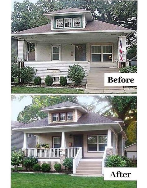 Craftsman Bungalow Exterior, Craftsman Porch, Mahogany Front Door, Home Remodeling Exterior, Architecture Renovation, Front Porch Makeover, House Makeovers, Exterior House Remodel, Porch Remodel