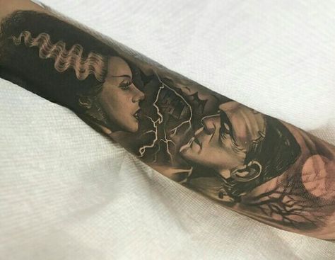 Gothic Couple Tattoos, Frankenstein And Bride Tattoo, Spooky Garden, Horror Sleeve, Frankenstein And Bride, Horror Tattoos, Character Tattoos, Hand And Finger Tattoos, Brides With Tattoos