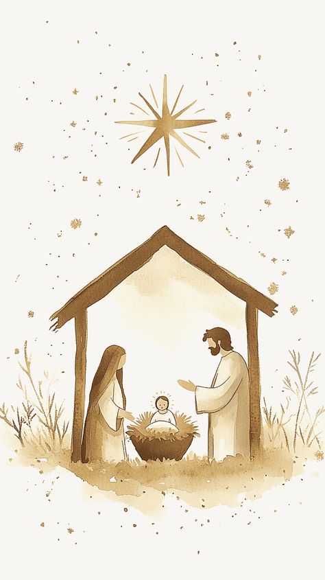 Nativity art painting image Nativity Digital Art, Christmas Related Images, Nativity Scene Pictures Free Printable, Christmas Wallpaper Nativity, Nativity Scene Wallpaper, Nativity Scene Drawing, Christmas Story Ideas, Nativity Wallpaper, Story Of Jesus Birth