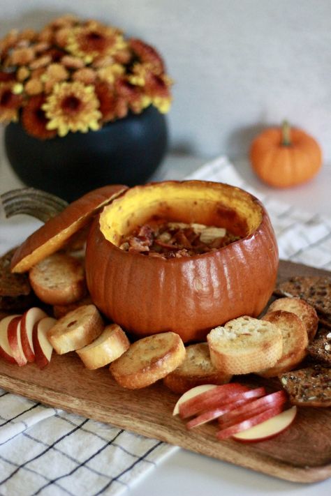 Pumpkin Baked Brie with Bacon - The Chic(ish) Chick Hot Honey Pumpkin Baked Brie, Brie Baked In Pumpkin, Baked Brie In A Pumpkin, Baked Brie With Pumpkin Butter, Baked Pumpkin Brie, Pumpkin Brie Appetizer, Fall Baked Brie Appetizer, Recipes With Brie, Fall Baked Brie