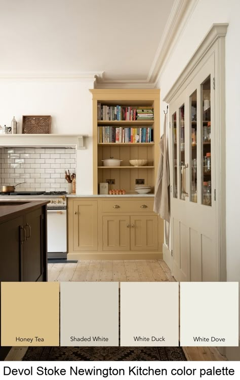 Devol Stoke Newington Kitchen color palette Kitchen Color Palette, Farmhouse Kitchen Rustic, Kitchen Color Palettes, Stoke Newington, Yellow Cabinets, Devol Kitchens, Wooden Table And Chairs, English Kitchens, Kitchen Rustic