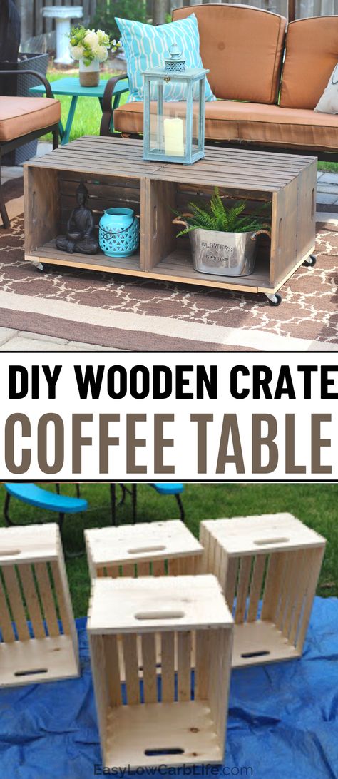 Small Wooden Crate Ideas Diy, Diy Crate Coffee Table, Wooden Crate Coffee Table, Cheap Farmhouse, Coffee Table With Wheels, Table With Wheels, Crate Coffee Table, Crate Table, Crate Diy