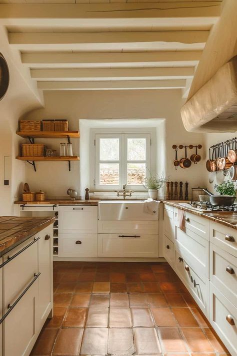 Saltillo Kitchen Floor, Mediterranean Kitchen Floor, Clay Tile Kitchen Floor, Kitchen Interior Spanish, Spanish Galley Kitchen, Saltio Tile Floors, Spanish Villa Kitchen Hacienda Style, Light Tile Floor Kitchen, Mediterranean Farmhouse Kitchen