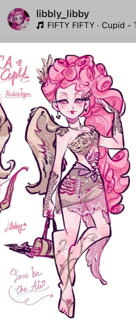 Detailed Outfits Drawing, Wing Character Poses, Monster High Cupid Fanart, Cupid Outfit Drawing, Lovecore Character, Cupid Drawing Character Design, Lovecore Character Design, Wing Pose Reference, Valentine Character Design