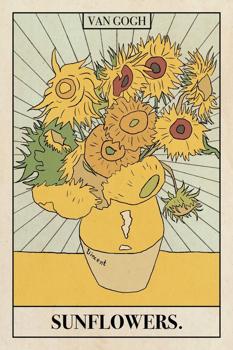 The Sun Tarot Card Illustration, Sunflower Tarot Card, Van Gogh Illustration Art, Sunflowers Vincent Van Gogh, Sunflower Aesthetic Drawing, Van Gogh Sunflower Tattoo, Van Gogh Paintings Sunflowers, Sunflower Painting Van Gogh, Girasoles Van Gogh