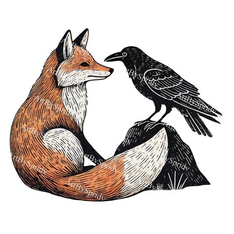 Woodland Animals Illustration, Foxes Illustration, Fox And Crow, Crow Illustration, Forest Animals Illustration, Animal Clip Art, Forest Magic, Decor Illustration, Fox And Rabbit