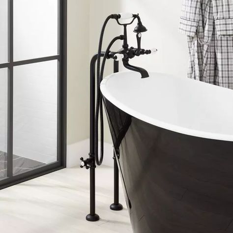 Freestanding Telephone Tub Faucet, Supplies and Drain - Porcelain Lever Handles, Faucets Bathroom, Matte Black Faucet, Freestanding Tub Faucet, Japanese Soaking Tubs, Shower Style, Style Anglais, Freestanding Tub Filler, Black Faucet, Freestanding Tub