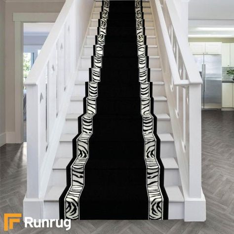 Zebra Border Stair Runner Animal Print Carpet, Stair Carpet Runner, تحت الدرج, Black Stairs, Staircase Runner, Animal Print Decor, Stair Carpet, Loft Conversion, Stair Runner Carpet