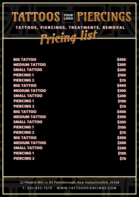 Make the price list of your studiu with the best templates available. Click on the image to start #Tattoo #Piercing #TattooStudio #Business #Edit Piercing Price List, Tattoo Pricing Chart, Tattoo Prices Chart, Tattoo Price List, Start Tattoo, Job Manifestation, All Star Tattoo, Cover Ups Tattoo, Tattoo Pricing